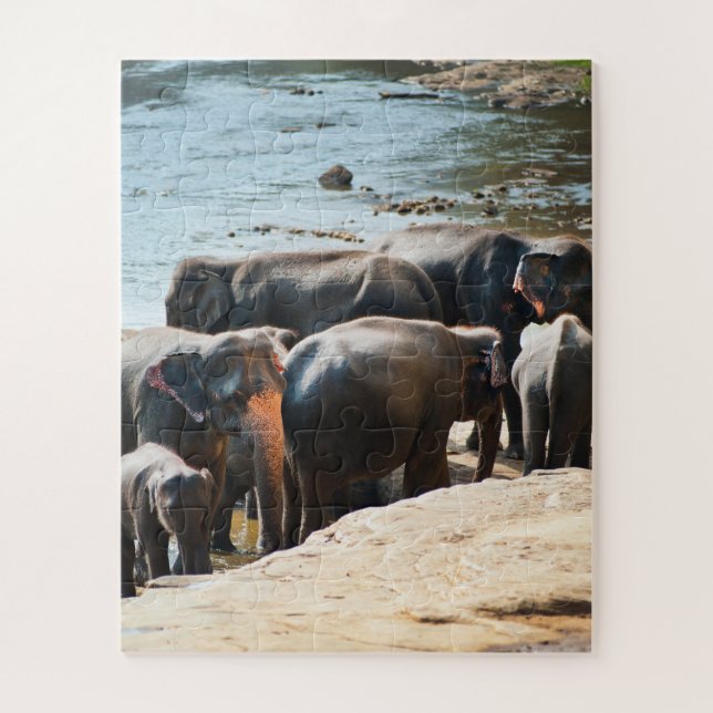 Herd of Elephants with Baby in Water Jigsaw Puzzle (Vertical)