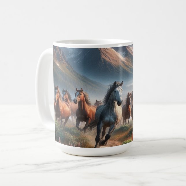 Herd of Horses Galloping, Misty Mountain Scene Coffee Mug (Front Left)