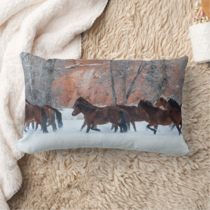 Herd of Horses Running in Snow Lumbar Cushion