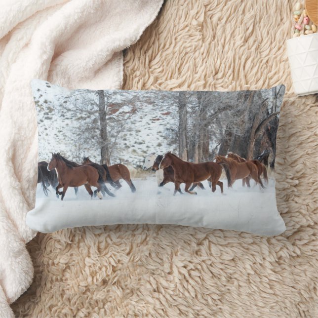 Herd of Horses Running in Snow Lumbar Cushion (Blanket)