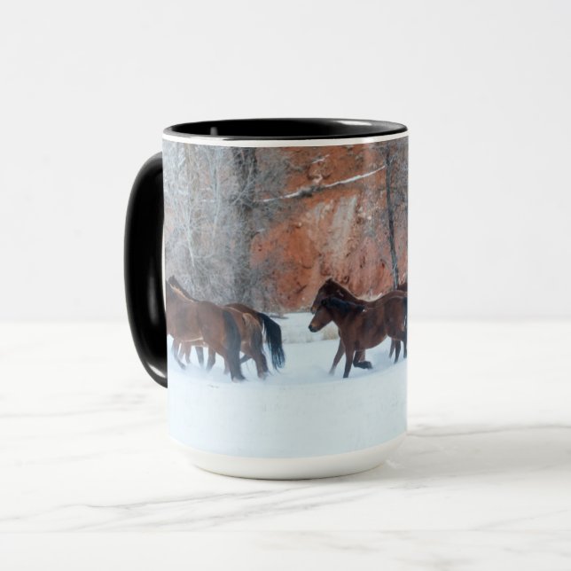 Herd of Horses Running in Snow Mug (Front Left)