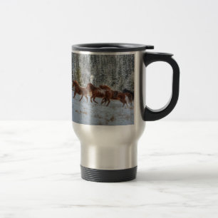 Herd of Horses Running in Winter Snow Travel Mug