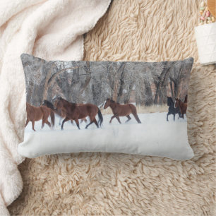 Herd of Horses Running in Winters Snow Lumbar Cushion
