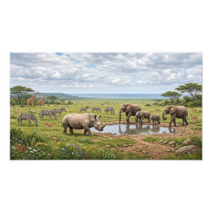 Herd Of Rhinos In African Savanna Photo Enlargemen Print