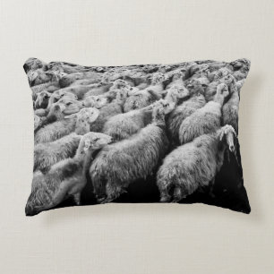 HERD OF SHEEP IN GRAYSCALE PHOTO DECORATIVE CUSHION