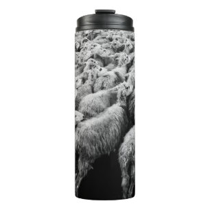 HERD OF SHEEP IN GRAYSCALE PHOTO THERMAL TUMBLER