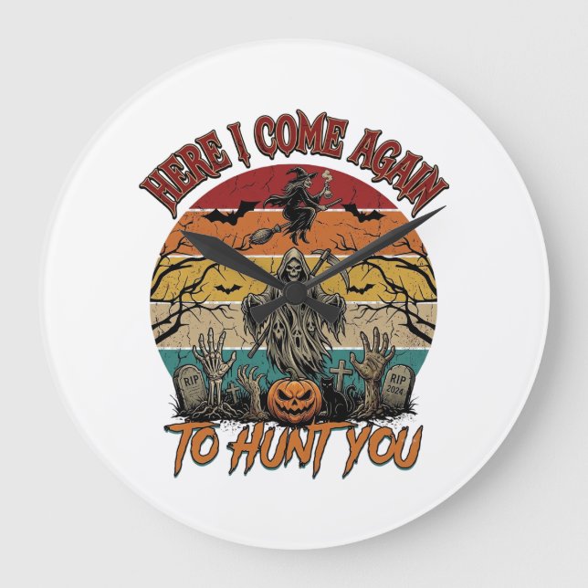 Here Come Again Grim Reaper Halloween Pumpkin_1 Large Clock (Front)