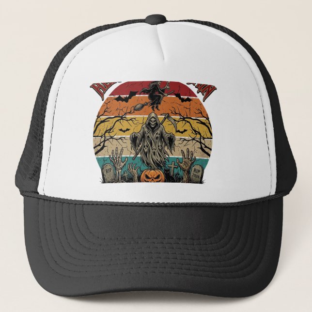 Here Come Again Grim Reaper Halloween Pumpkin_1 Trucker Hat (Front)