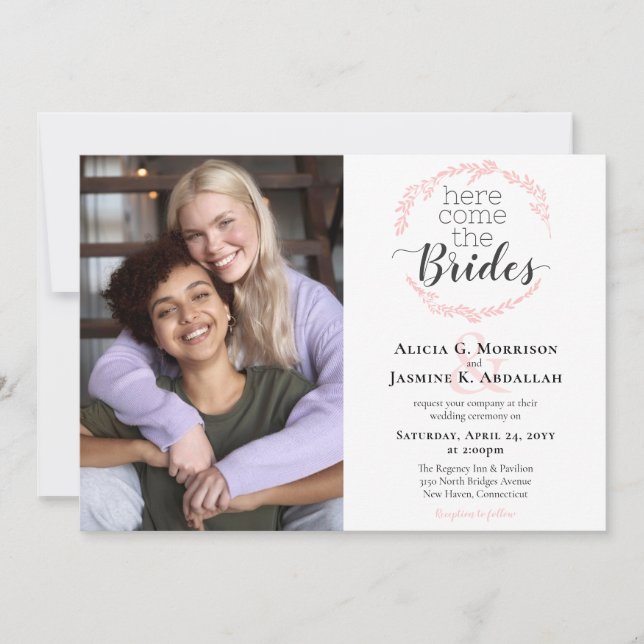 Here Come The Brides Modern Blush Pink Wedding Invitation (Front)