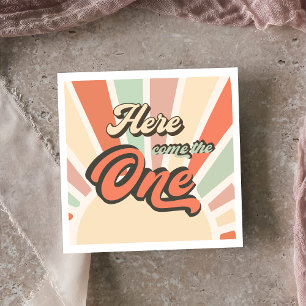 Here Come The One Retro Rainbow Birthday Party Napkin