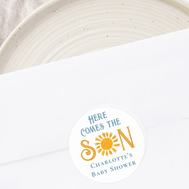Here Come The Son Baby Shower  Classic Round Sticker (Creator Uploaded)