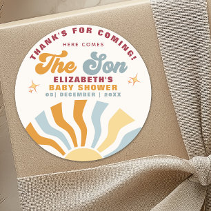 Here come the son - Funny Retro Style  Baby Shower Classic Round Sticker