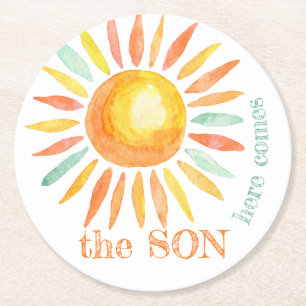 Here Come The Son Sun Watercolor Baby Shower Round Paper Coaster