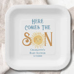 Here Come The Son Sunshine Baby Shower  Paper Plate<br><div class="desc">These baby shower paper plates feature the text "Here Comes The Son" in stylish blue typography with a cute yellow watercolor sun.
Easily customisable.
Original Watercolor © Michele Davies.</div>