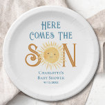 Here Come The Son Sunshine Baby Shower  Paper Plate<br><div class="desc">These baby shower paper plates feature the text "Here Comes The Son" in blue retro typography with a cute yellow watercolor sun.
Easily customisable.
Because we create our artwork you won't find this exact image from other designers.
Original Watercolor © Michele Davies.</div>