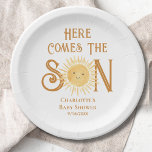 Here Come The Son Sunshine Boy's Baby Shower  Paper Plate<br><div class="desc">These boy's baby shower paper plates feature the text "Here Comes The Son" in stylish typography with a cute yellow watercolor smiling sun.
Easily customisable.
Original Watercolor © Michele Davies.</div>