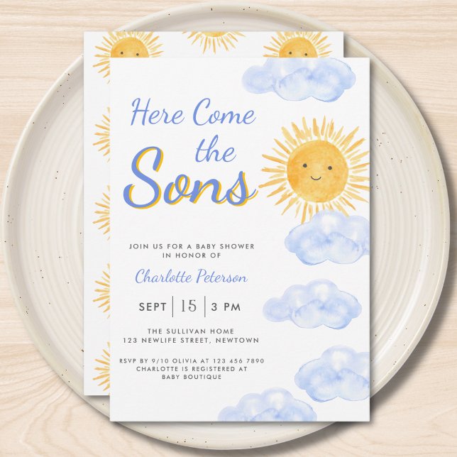 Here Come The Sons Twin Boys Baby Shower Invitation (Creator Uploaded)
