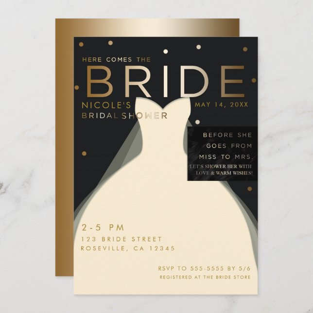 Here comes BRIDE Cream Black Gold Bridal Shower Invitation (Front/Back)