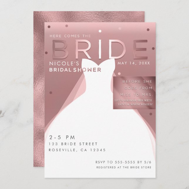 Here comes BRIDE Rose Gold Glam Chic Bridal Shower Invitation (Front/Back)