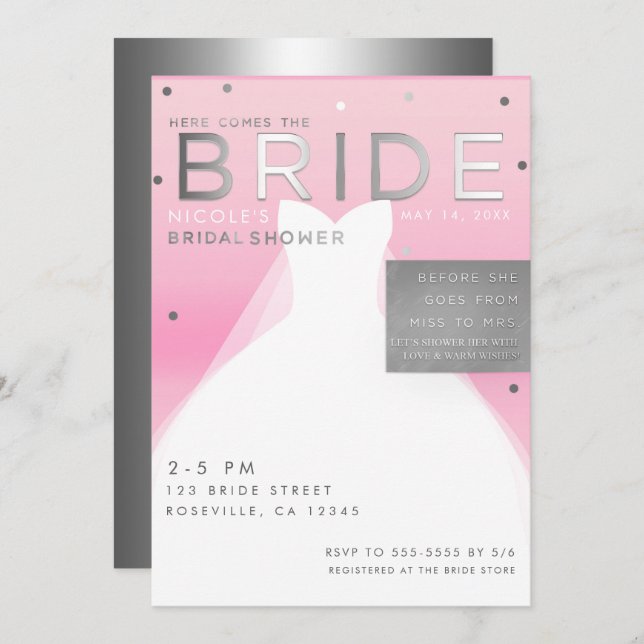 Here comes BRIDE Silver & Pink Chic Bridal Shower Invitation (Front/Back)