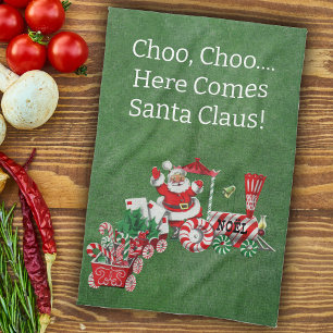 Here Comes Santa on Candy Christmas Train Green Tea Towel