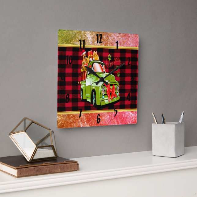 Here comes Santa paws dog Christmas parade truck Square Wall Clock (Office)
