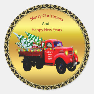 Here comes Santa's Christmas tree farm truck Classic Round Sticker