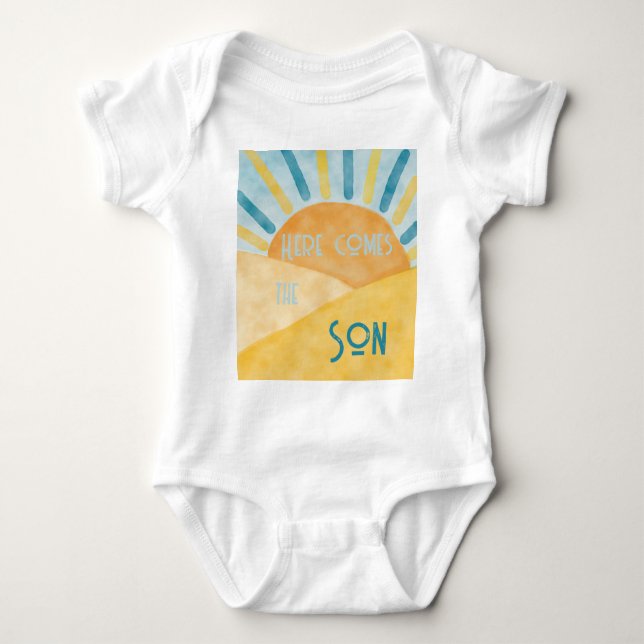 Here Comes Son Sunshine Blue Ray Boy Baby Shower Baby Bodysuit (Front)