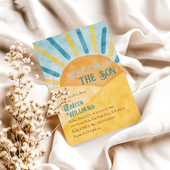 Here Comes Son Sunshine Blue Yellow Baby Shower Invitation (Creator Uploaded)