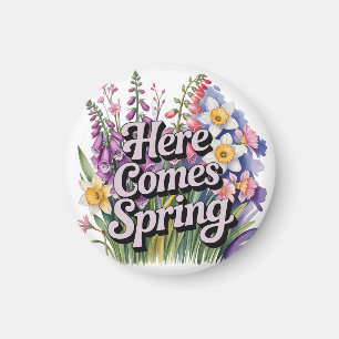 "Here Comes Spring" Botanical Floral Typography Magnet