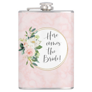 Here Comes the Bride Blush Pink Floral Hip Flask