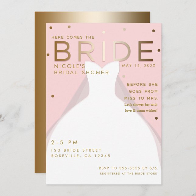 Here comes the BRIDE Chic Pink Gold Bridal Shower Invitation (Front/Back)