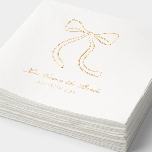 Here Comes the Bride Custom Bow Gold Foil Napkins (Detail)