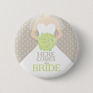 Here comes the bride green roses rehearsal wedding 6 cm round badge