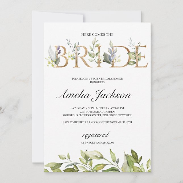 Here comes the bride greenery leaves and gold invitation (Front)