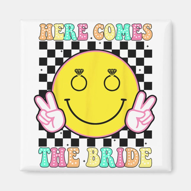 Here Comes The Bride Groovy Bachelorette Party Tea Magnet (Front)