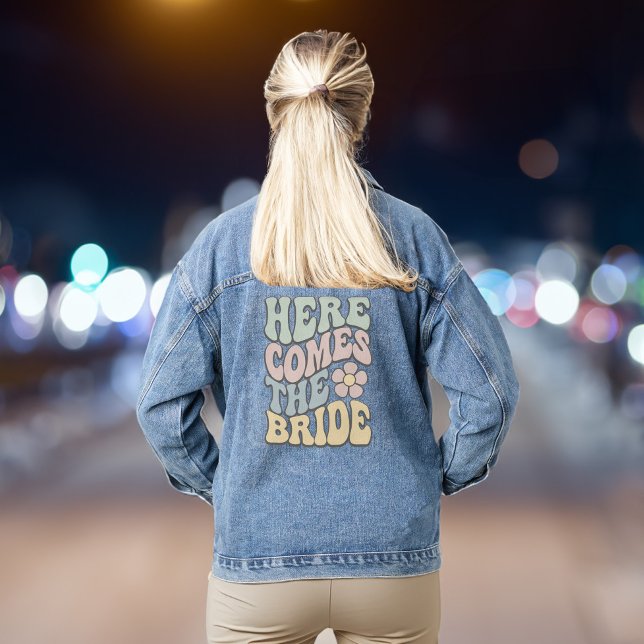 Here Comes The Bride Retro Bachelorette Party Denim Jacket (Celebrate your last fling before the ring in style & add some flair to your bachelorette party look)