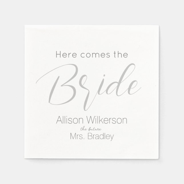 Here Comes the Bride Script Bridal Shower Napkin (Front)