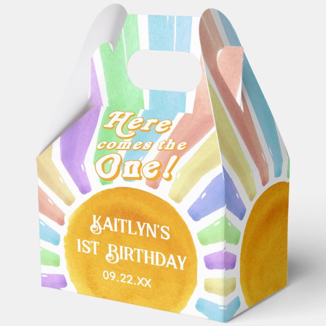 Here Comes The One! Retro Boho Sun 1st Birthday Favour Box (Front)