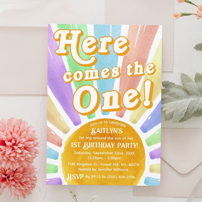 Here Comes The One! Retro Boho Sun 1st Birthday Invitation (Creator Uploaded)