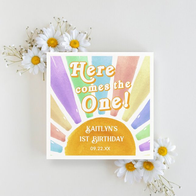 Here Comes The One! Retro Boho Sun 1st Birthday Napkin (Creator Uploaded)