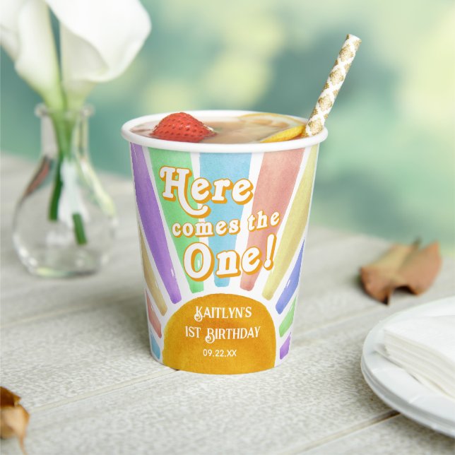 Here Comes The One! Retro Boho Sun 1st Birthday Paper Cups (Insitu)