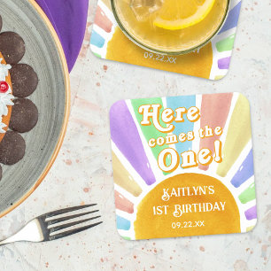 Here Comes The One! Retro Boho Sun 1st Birthday Square Paper Coaster