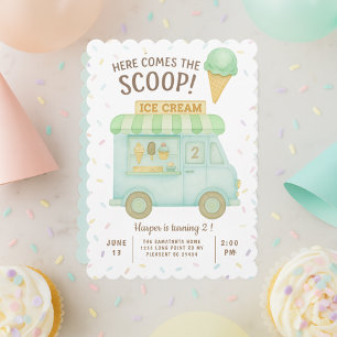 Here Comes the Scoop   Mint Green Ice Cream Truck  Invitation