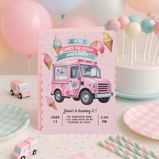 Here Comes the Scoop! Pink Ice Cream Truck  Invitation (Creator Uploaded)
