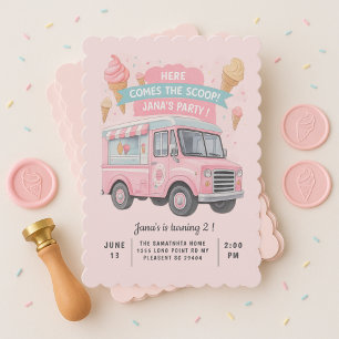 Here Comes the Scoop! Pink Ice Cream Truck  Invitation