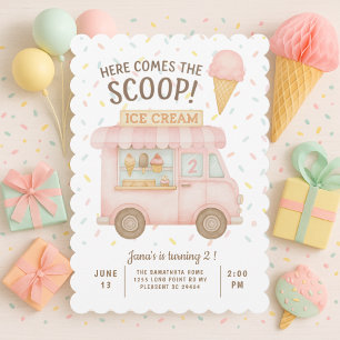 Here Comes the Scoop!   Pink Ice Cream Truck Invitation