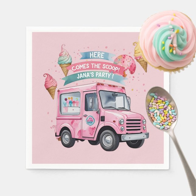 Here Comes the Scoop! Pink Ice Cream Truck  Napkin (Creator Uploaded)