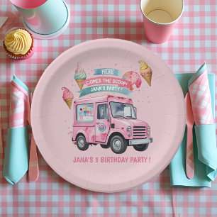 "Here Comes the Scoop! Pink Ice Cream Truck  Paper Plate