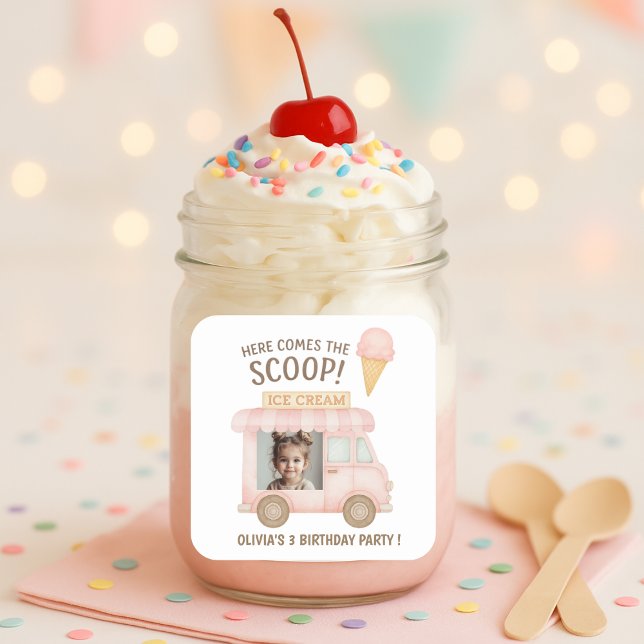 Here Comes the Scoop! | Pink Ice Cream Truck Photo Square Sticker (Creator Uploaded)
